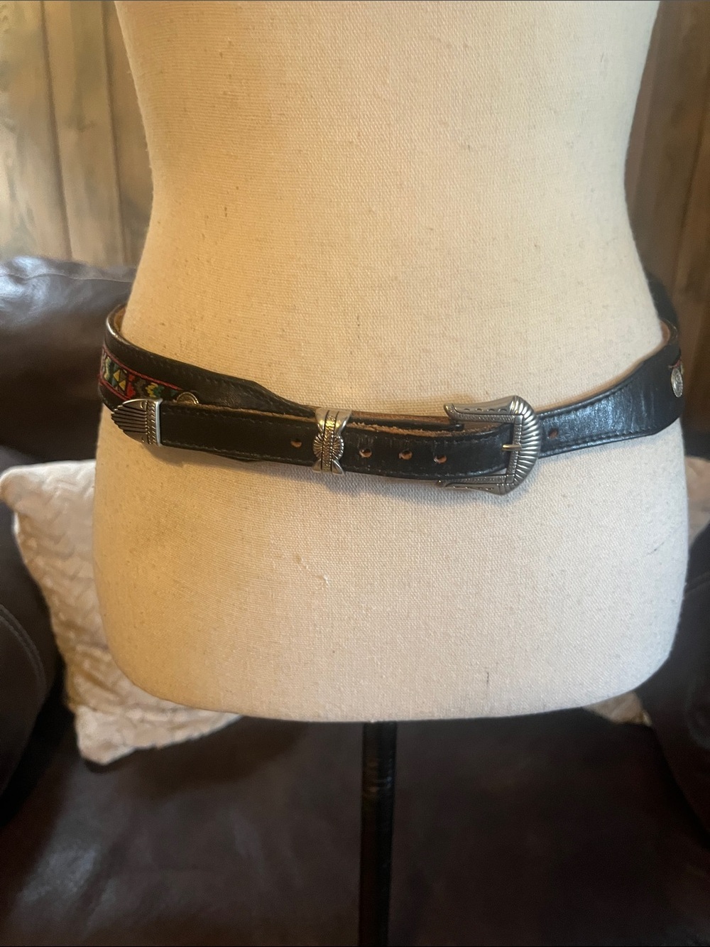 Black Leather Belt with Southwestern Embroidered Ribbon and Silver Buckle